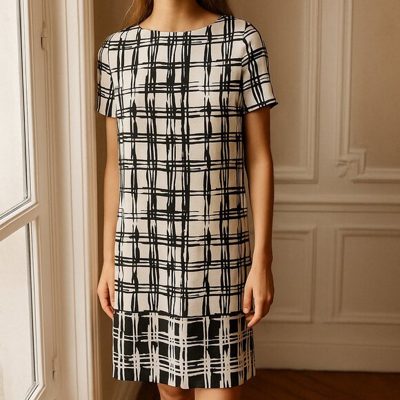 St. John Black/White Abstract Design Silk Blend Women's Dress Size 8 - Picture 1 of 15